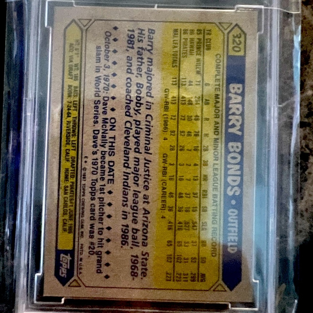 Berry Bonds rookie error card graded 9